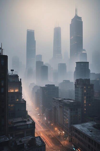 Premium Photo | A cityscape with a foggy cityscape in the background