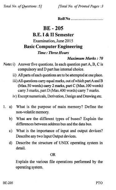 Rgpv Be Question Paper Of Be 205 Basic Computer Engineering June 2015