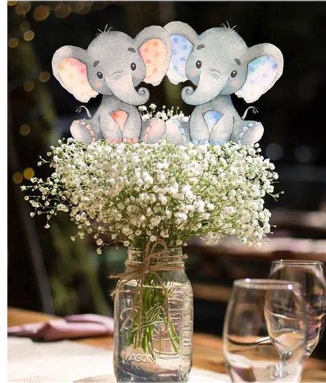 Twins Watercolor Baby Elephant Centerpiece Picks Baby Shower Etsy In