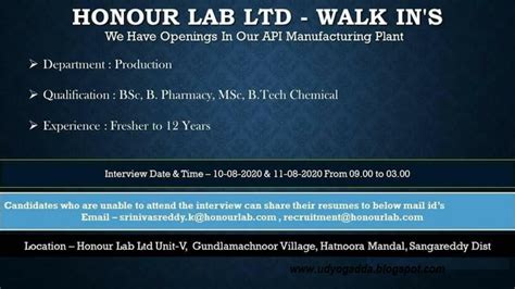 Udyog Adda Honour Lab Walk Ins For B Sc B Pharm M Sc B Tech