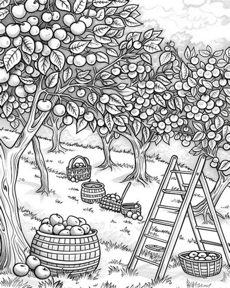 Un Dessin En Noir Et Blanc D Un Arbre Avec Des Pommes Dans Des Paniers