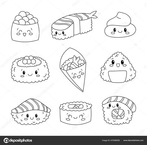 Cute Sushi Characters Coloring Page Funny Asian Food Vector Drawing