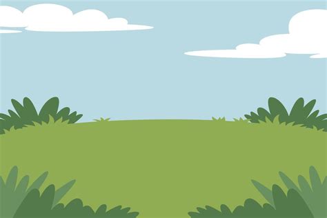 Landscape Cartoon Scene With Green Grass And Lawn White Clouds On The