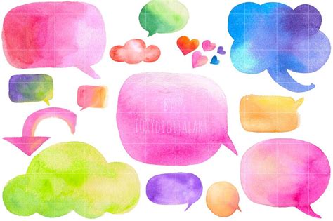 Watercolor Speech Bubbles With Hearts On Them