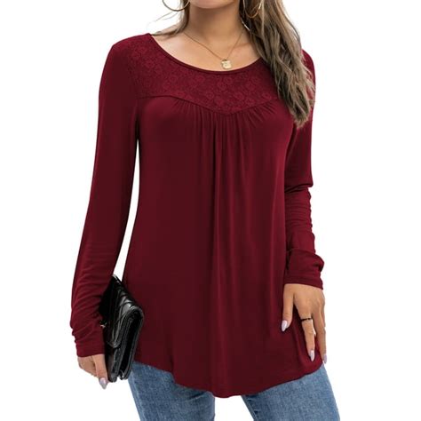 Folunsi Womens Plus Size Tops Long Sleeve Lace Pleated Blouses Tunic