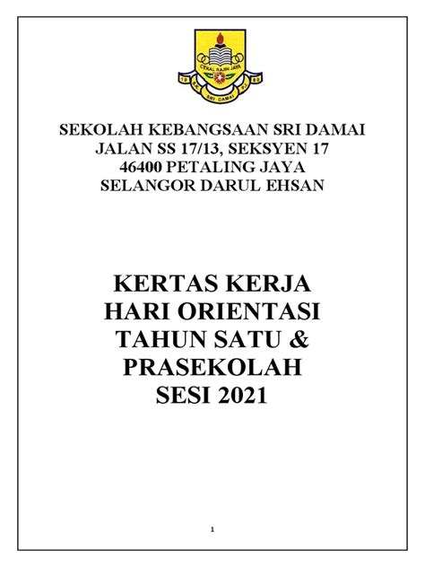 Kertas Kerja Orientasi Tahun 1 And Prasekolah 2021 Pdf