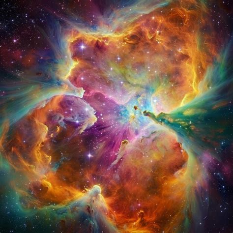 Premium Photo | A colorful nebula in space with a bright orange center