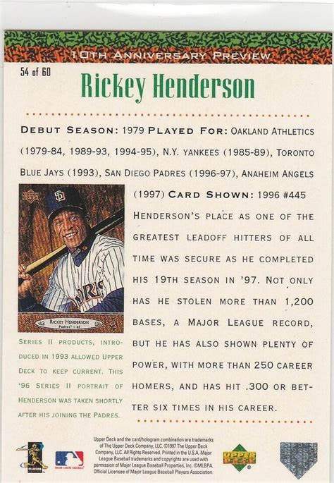 1998 Upper Deck 10th Anniversary Preview 54 Rickey Henderson 050 Q Ebay