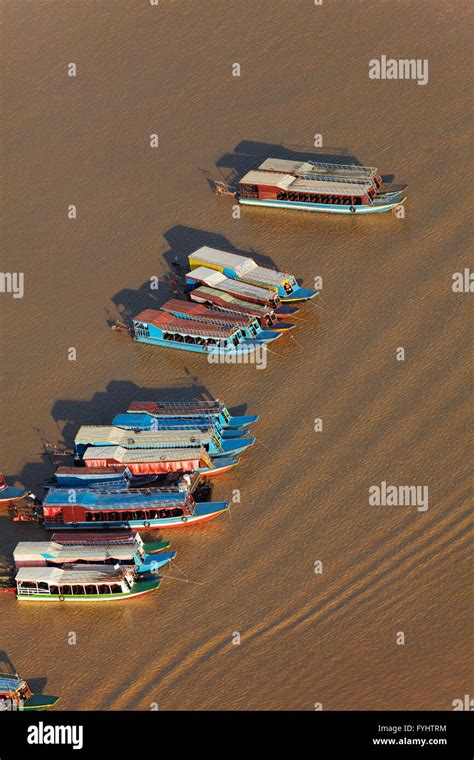 Boats At Port Of Chong Khneas Siem Reap River Near Tonle Sap Lake And