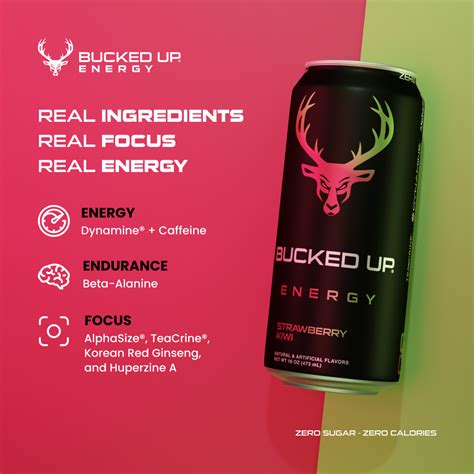 Bucked Up Energy Drink Strawberry Kiwi 12 Cans 16 Oz 300 Mg