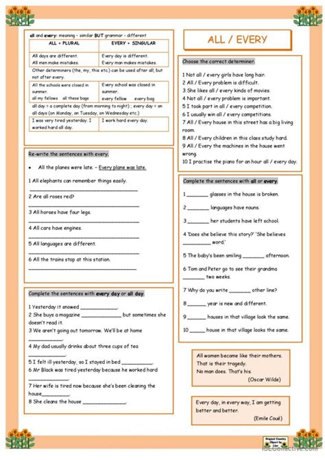 all / every general grammar practice: English ESL worksheets pdf & doc