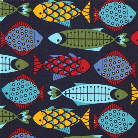 Navy Blue Timeless Treasures Animal Fabric Colourful Fish 1 Pinturas