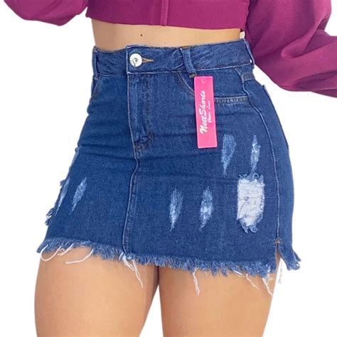Saia Jeans Feminino Cintura Alta Destroyed Hot Pants Shopee Brasil