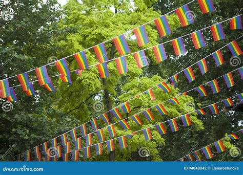 Rainbow Flags In The Garden During The Gay Pride Stock Photo Image Of Tree Rainbow