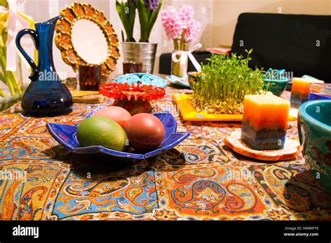 Haft Seen Traditional Table Of Nowruz A Haft Seen Setting In Stock