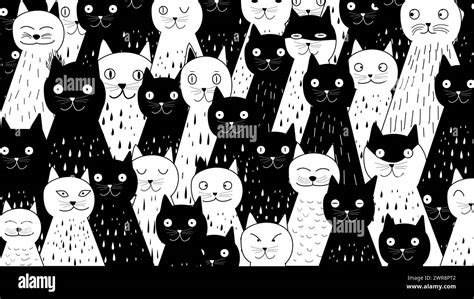 Cartoon Set Of Cute Hand Drawn Doodle Cats Background Of Black And