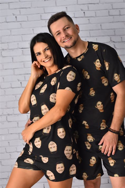 Combo Pijama De Jersey Curto Casal Personalizado Foto Preto