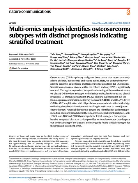 Pdf Multi Omics Analysis Identifies Osteosarcoma Subtypes With