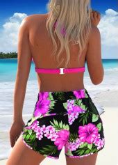 Rotita Bowknot Hot Pink Floral Print Bikini Set Rotita Usd