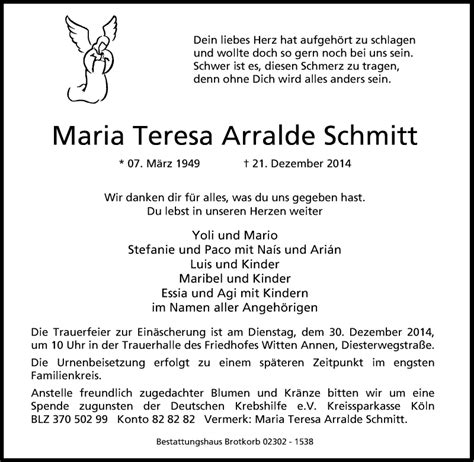 Traueranzeigen Von Maria Teresa Arralde Schmitt Trauer In NRW De