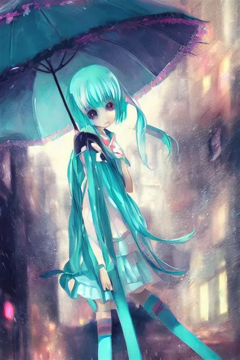 Hatsune Miku In The Rain Under An Umbrella By Wlop Stable Diffusion