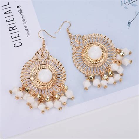 Bohemia Women Retro Tassel Beads Round Drop Dangle Hook Earring Jewelry