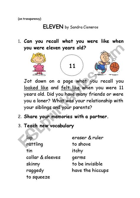 Eleven By Sandra Cisneros Activities Esl Worksheet By Sdougla