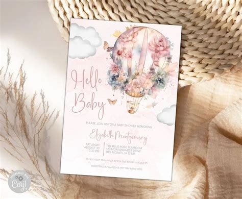 Pink Floral Hot Air Balloon Baby Shower Invitation Butterfly Balloon Baby Shower Invite
