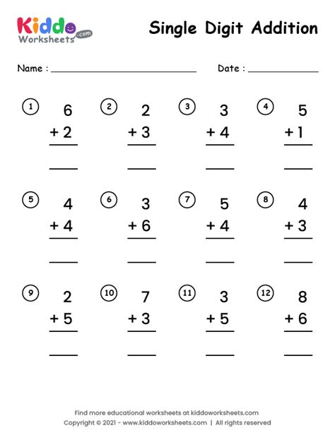 Single Digit Addition Worksheets