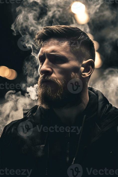 Beard man smoking Black and white portrait of handsome young bearded ...