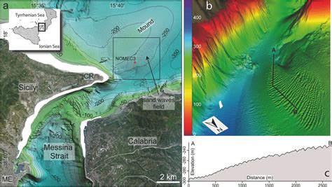 The Messina Strait and the studied sand-wave field. (a) Bathymetric map ...