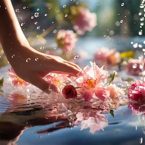 La Mano De Una Mujer Se Lava Las Manos Con Gotas De Agua Sobre El Agua