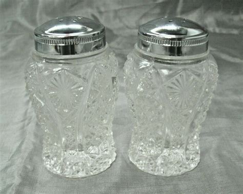 Vtg Imperial Glass BUTTON DAISY Clear Salt Pepper Shaker Set W