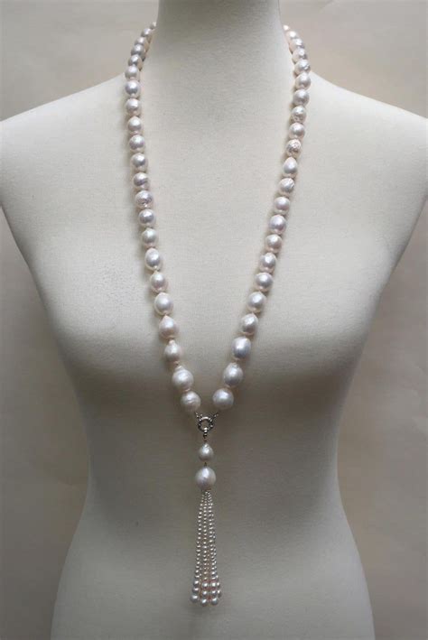 Marina J White Pearl Necklace Double Pearl Tassel And 14 K White Gold Clasp White Pearl