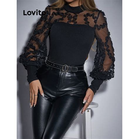 Lovito Blusa Elegante De Malha Lisa E Contrastante Para Mulheres