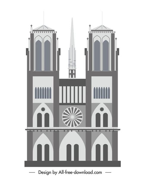 Notre Dame Cathedral In Paris Icon Flat Classical Symmetric Sketch