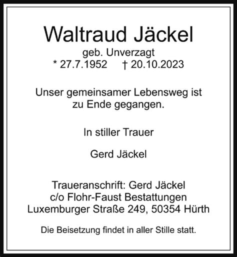 Traueranzeigen von Waltraud Jäckel WirTrauern