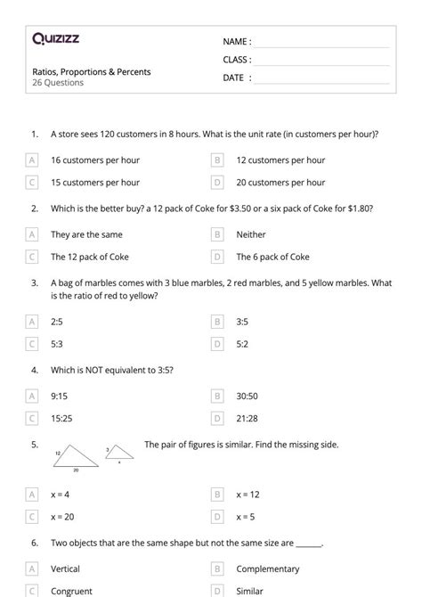 Percents Ratios And Rates Worksheets For Th Grade On