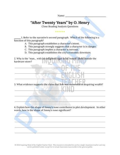 After Twenty Years By O Henry Close Reading Analysis Worksheet