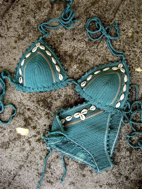 Häkeln Bikini Set tief Türkis blau grün Cowrie Sea Shell Etsy