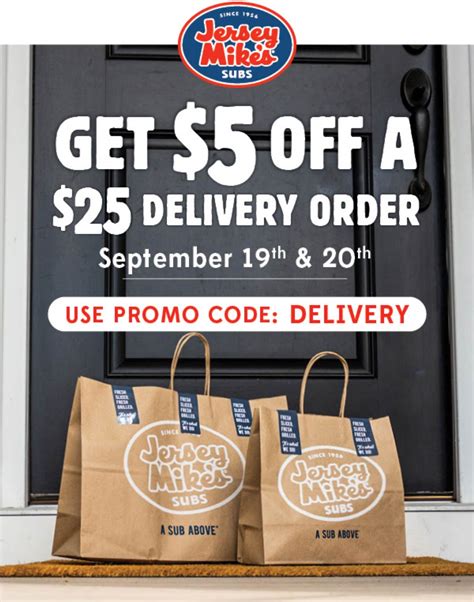 $5 off $25 delivery today at Jersey Mikes subs restaurant via promo