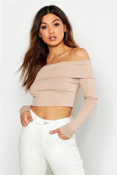 Long Sleeve Jumbo Rib Off The Shoulder Crop Top Top Outfits Crop Top Outfits Crop Tops