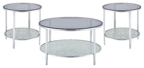 Frostine 3 Piece Chrome And Tempered Glass Occasional Set Contemporary Coffee Table Sets