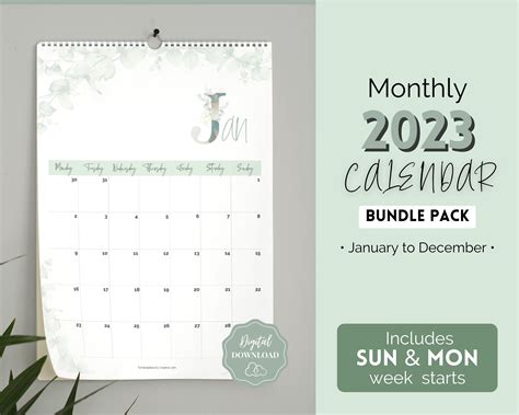 2023 Monthly Calendar Printable | 12 Month Wall Calendar | Portrait