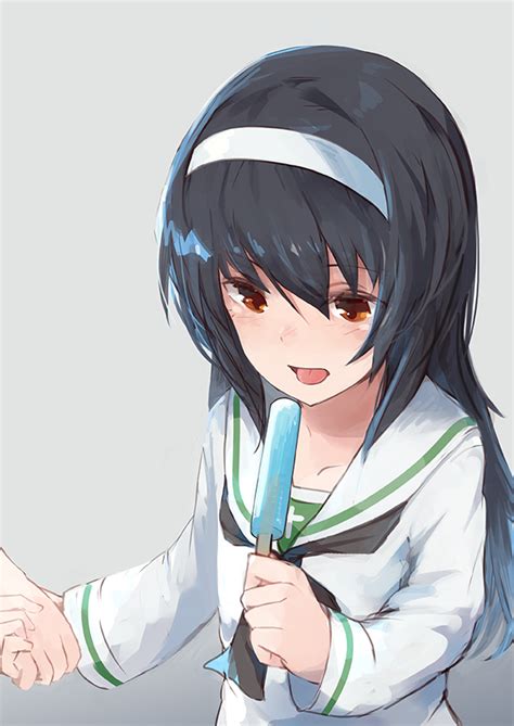 Safebooru 1girl Bangs Black Hair Black Neckwear Blouse Brown Eyes Commentary Eating Eyebrows