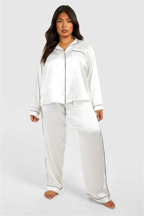 Plus Satin Contrast Piping Pj Trouser Set