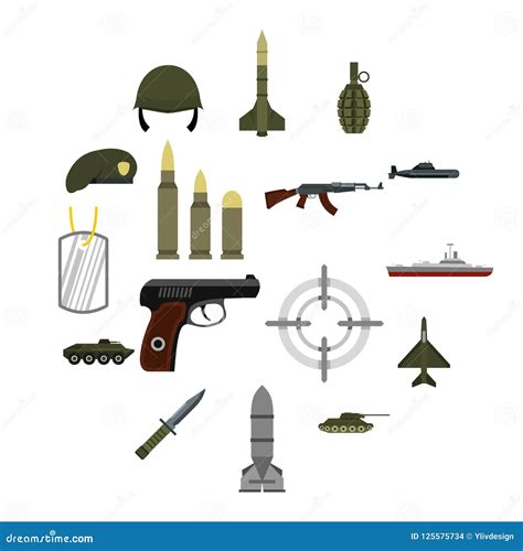 Iconos Militares Fijados Estilo Plano Stock de ilustración