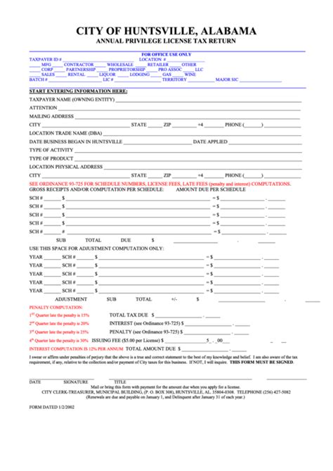 Annual Privilege License Tax Return Form City Of Huntsville Alabama