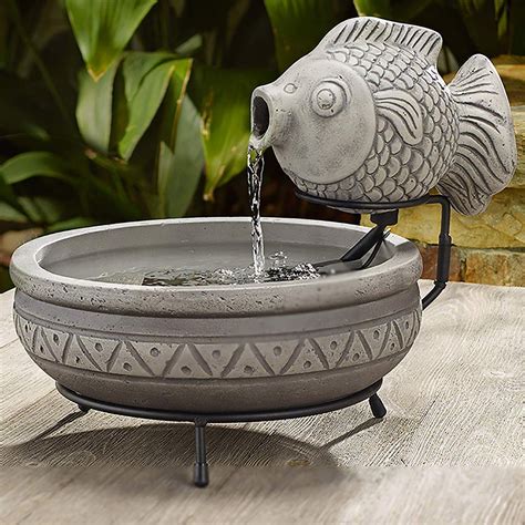 Marin High Gray Cement Solar Fish Outdoor Water Fountain E