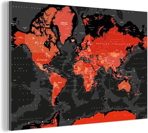 D Coration Murale M Tal Peinture Aluminium Wereldkaart Rouge